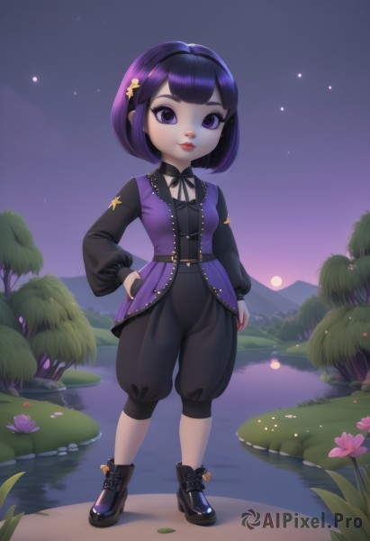 1girl,solo,breasts,looking at viewer,smile,short hair,bangs,shirt,hair ornament,long sleeves,ribbon,closed mouth,standing,purple eyes,full body,purple hair,flower,hairband,small breasts,boots,outdoors,sky,shoes,choker,puffy sleeves,pants,artist name,water,star (symbol),black footwear,vest,tree,lips,hand on hip,black shirt,black ribbon,neck ribbon,makeup,night,black pants,moon,grass,star (sky),nature,night sky,cross-laced footwear,starry sky,red lips,ankle boots,lake,lily pad,pond,black hair,dress,bow,shorts,hand in pocket,female child