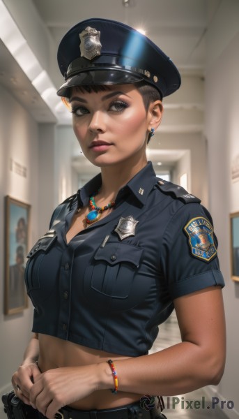 1girl,solo,breasts,looking at viewer,short hair,brown hair,shirt,black hair,hat,brown eyes,jewelry,medium breasts,closed mouth,upper body,short sleeves,earrings,midriff,collared shirt,belt,indoors,dark skin,necklace,mole,blurry,uniform,black eyes,bracelet,dark-skinned female,lips,crop top,black headwear,blurry background,thick eyebrows,own hands together,blue shirt,blue headwear,freckles,pocket,black belt,realistic,nose,stud earrings,breast pocket,very short hair,badge,police,police uniform,policewoman,police hat,navel,pants,nail polish,grey eyes