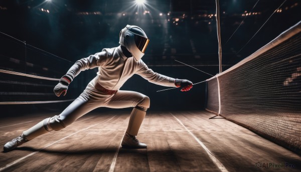 solo,gloves,1boy,holding,weapon,male focus,belt,helmet,bow (weapon),sportswear,baseball uniform,boots,science fiction,realistic,lights