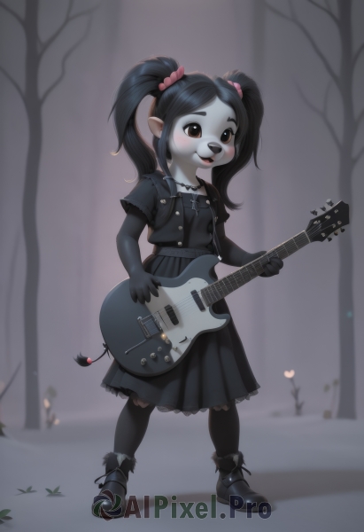 1girl,solo,long hair,blush,smile,open mouth,black hair,gloves,dress,holding,twintails,brown eyes,jewelry,standing,tail,full body,short sleeves,boots,outdoors,shoes,pointy ears,necklace,black footwear,black dress,tree,colored skin,scrunchie,instrument,child,furry,snow,furry female,music,guitar,female child,grey skin,playing instrument,holding instrument,gothic,bangs,hair ornament,animal ears,heart,pantyhose,black gloves,elbow gloves,artist name,blurry,black eyes,black pantyhose,blurry background,cross,body fur,cross necklace,animal nose,black fur