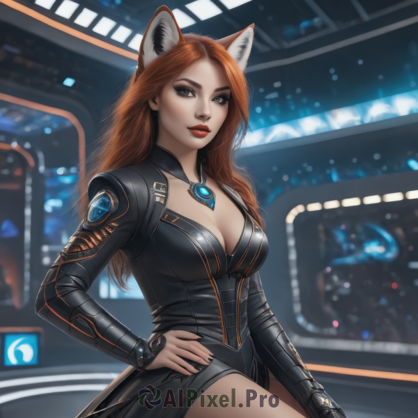 1girl,solo,long hair,breasts,looking at viewer,large breasts,brown hair,long sleeves,animal ears,cleavage,brown eyes,medium breasts,sitting,shorts,artist name,cat ears,orange hair,blurry,lips,hand on hip,fox ears,makeup,blurry background,lipstick,science fiction,red lips,jewelry,closed mouth,tail,red hair,necklace,nail polish,fingernails,bodysuit,black nails,freckles,realistic,lights