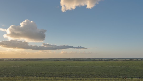 outdoors,sky,day,cloud,blue sky,no humans,cloudy sky,grass,nature,scenery,sunset,horizon,field,landscape,hill,evening