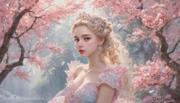 1girl,solo,long hair,breasts,looking at viewer,blue eyes,blonde hair,hair ornament,dress,cleavage,bare shoulders,jewelry,medium breasts,collarbone,upper body,flower,earrings,outdoors,frills,parted lips,day,tree,lips,petals,wavy hair,bug,tiara,cherry blossoms,butterfly,pink dress,nature,forest,curly hair,realistic,red lips,princess,short sleeves,makeup,crown,gem,pink flower,branch