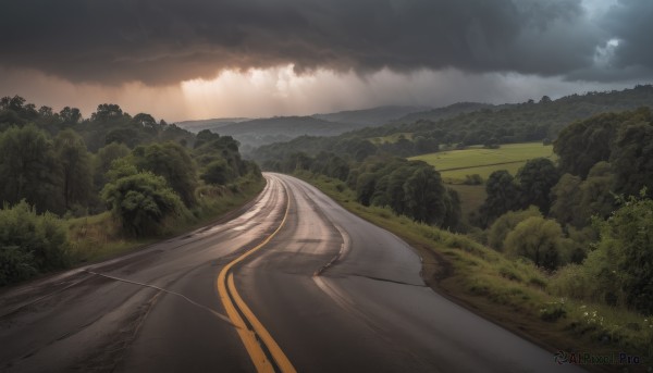 outdoors,sky,day,cloud,tree,no humans,sunlight,cloudy sky,grass,nature,scenery,forest,mountain,road,bush,river,landscape,path,horizon,field,hill