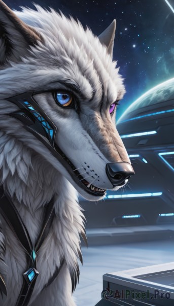 solo,open mouth,blue eyes,jewelry,purple eyes,sky,teeth,no humans,heterochromia,animal,fangs,sharp teeth,star (sky),furry,starry sky,colored sclera,science fiction,space,planet,wolf,upper body,artist name,signature,necklace,night,night sky,pendant,realistic