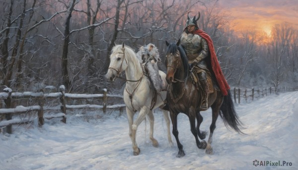 1boy,weapon,male focus,outdoors,multiple boys,horns,sky,sword,2boys,cape,armor,tree,animal,helmet,nature,scenery,snow,forest,sunset,fence,red cape,riding,winter,horse,bare tree,knight,horseback riding,reins,saddle,solo,holding,white hair,boots,cloud,holding weapon