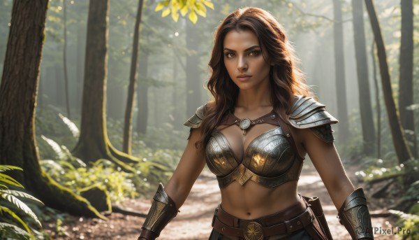 1girl,solo,long hair,breasts,looking at viewer,large breasts,brown hair,navel,cleavage,brown eyes,medium breasts,closed mouth,upper body,weapon,outdoors,day,midriff,belt,sword,dark skin,armor,blurry,dark-skinned female,tree,lips,blurry background,leaf,wavy hair,abs,shoulder armor,sheath,nature,forest,toned,pauldrons,realistic,nose,arms at sides,vambraces,bracer,bikini armor,standing,collarbone,stomach,looking to the side,makeup,sunlight,plant,buckle,backlighting,breastplate