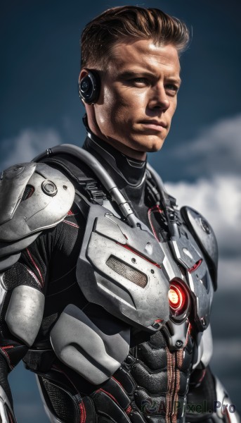 solo,brown hair,1boy,closed mouth,upper body,male focus,armor,blurry,bodysuit,blurry background,facial hair,science fiction,realistic,manly,cyborg,sky,cloud,lips,glowing,android,power armor