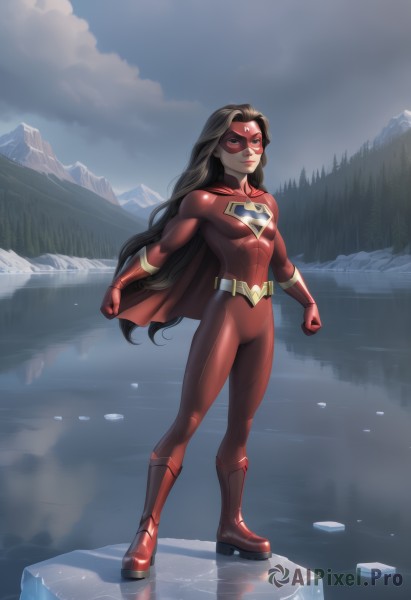 1girl,solo,long hair,breasts,looking at viewer,smile,blue eyes,black hair,gloves,very long hair,standing,full body,small breasts,boots,outdoors,sky,belt,cloud,cape,tree,lips,bodysuit,mask,muscular,cloudy sky,red footwear,nature,red gloves,clenched hands,forest,reflection,mountain,red cape,animification,superhero,red bodysuit,lake,domino mask,day,skin tight,spandex,cover image