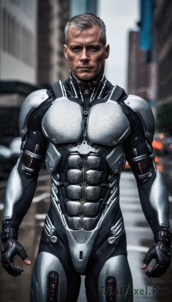 solo,looking at viewer,short hair,gloves,1boy,closed mouth,standing,white hair,grey hair,male focus,cowboy shot,outdoors,dark skin,fingerless gloves,armor,blurry,bodysuit,muscular,blurry background,abs,muscular male,building,science fiction,realistic,old,cyborg,facial hair,city,manly