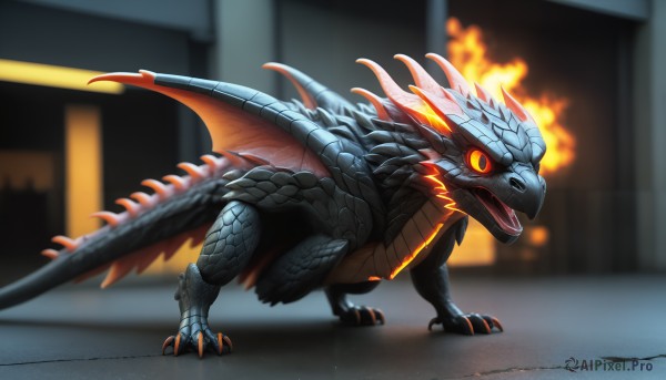 HQ,solo,open mouth,red eyes,standing,tail,full body,wings,teeth,tongue,blurry,orange eyes,pokemon (creature),no humans,blurry background,fangs,fire,sharp teeth,slit pupils,claws,spikes,colored sclera,monster,dragon,scales,breathing fire,kaijuu,glowing,glowing eyes