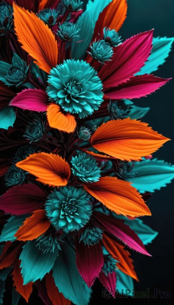 simple background,flower,no humans,leaf,plant,black background,blue flower,bouquet,purple flower,floral background,orange flower,still life,signature,blue background,red flower,realistic