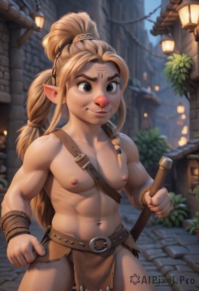 1girl,solo,long hair,breasts,smile,blonde hair,brown hair,1boy,navel,holding,brown eyes,nipples,ponytail,weapon,braid,male focus,cowboy shot,outdoors,pointy ears,belt,sword,holding weapon,blurry,lips,muscular,abs,elf,pelvic curtain,freckles,lantern,loincloth,tribal,closed mouth,sidelocks,small breasts,artist name,topless,thick eyebrows,toned,realistic,nose,muscular female,holding hammer