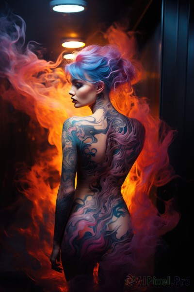 1girl,solo,short hair,blue eyes,jewelry,blue hair,standing,ass,nude,multicolored hair,cowboy shot,earrings,looking back,from behind,lips,tattoo,profile,makeup,back,halo,fire,lipstick,eyeshadow,nose,back tattoo,burning,fiery hair,full-body tattoo,watermark,web address,smoke,stud earrings,black lips