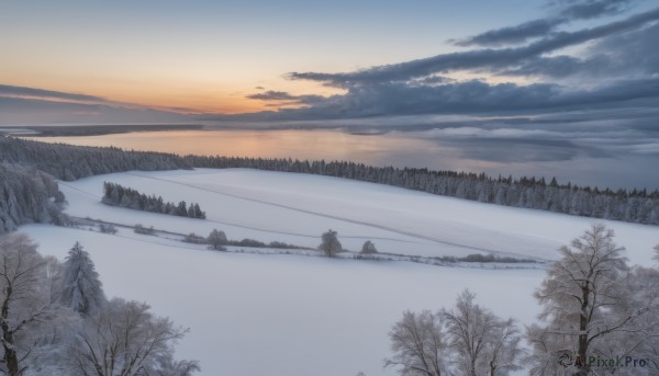 outdoors,sky,cloud,water,tree,no humans,cloudy sky,nature,scenery,snow,forest,sunset,mountain,winter,bare tree,landscape,gradient sky,pine tree,blue sky,ocean,reflection,sun,horizon,lake