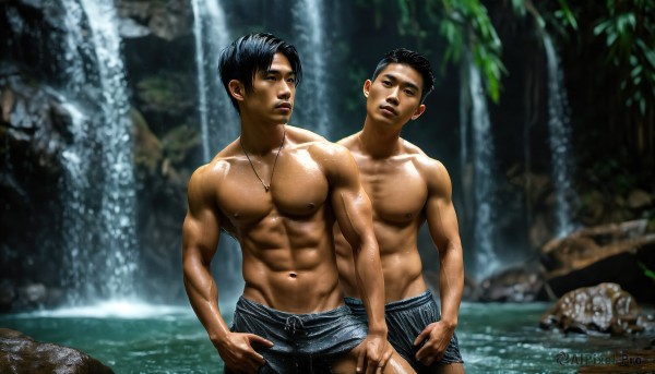 HQ,short hair,open mouth,black hair,navel,jewelry,nipples,male focus,outdoors,multiple boys,2boys,water,necklace,blurry,looking at another,wet,muscular,abs,pectorals,muscular male,yaoi,topless male,rock,realistic,male swimwear,waterfall,underwear,teeth,day,dark skin,blurry background,dark-skinned male,bara,large pectorals,toned,male underwear