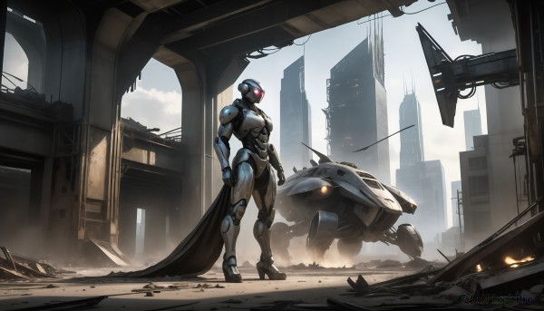 HQ,1girl,solo,1boy,standing,weapon,outdoors,sky,cloud,cape,armor,high heels,bodysuit,glowing,helmet,robot,building,mecha,glowing eyes,science fiction,city,aircraft,ruins,power armor,dust,power suit,red eyes,full body,day,ground vehicle,clenched hand,motor vehicle,smoke,car,cyborg,skyscraper,neon trim,cyberpunk,helicopter