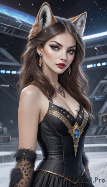 1girl,solo,long hair,breasts,looking at viewer,skirt,brown hair,dress,animal ears,cleavage,bare shoulders,brown eyes,jewelry,medium breasts,upper body,earrings,outdoors,parted lips,sleeveless,artist name,necklace,black dress,lips,animal ear fluff,grey eyes,fur trim,makeup,night,sleeveless dress,lipstick,gem,red lips,wavy hair,wolf ears,thick eyebrows,star (sky),dog ears,extra ears,forehead,eyeshadow,realistic,nose,fur