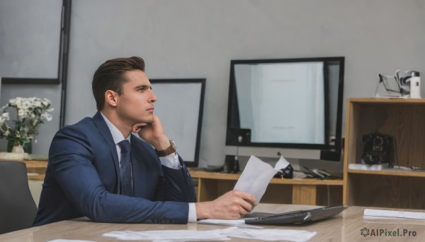 solo,short hair,brown hair,shirt,long sleeves,1boy,holding,sitting,jacket,white shirt,upper body,flower,male focus,necktie,collared shirt,indoors,cup,black jacket,facial hair,chair,formal,table,suit,plant,white flower,blue jacket,microphone,black necktie,desk,watch,head rest,blue necktie,mug,paper,realistic,stubble,pen,wristwatch,computer,hand on own chin,monitor,vase,keyboard (computer),mouse (computer),office,black hair,brown eyes,closed mouth,phone,beard,lamp,laptop