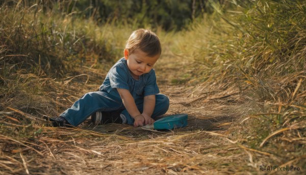 solo,short hair,brown hair,shirt,black hair,1boy,sitting,closed mouth,closed eyes,short sleeves,male focus,boots,outdoors,shoes,day,black footwear,blurry,depth of field,grass,blue shirt,child,nature,bucket,overalls,male child,on ground,hat,shorts,pants,tears,looking down,squatting,crying,t-shirt,headwear removed,hat removed,realistic,sad