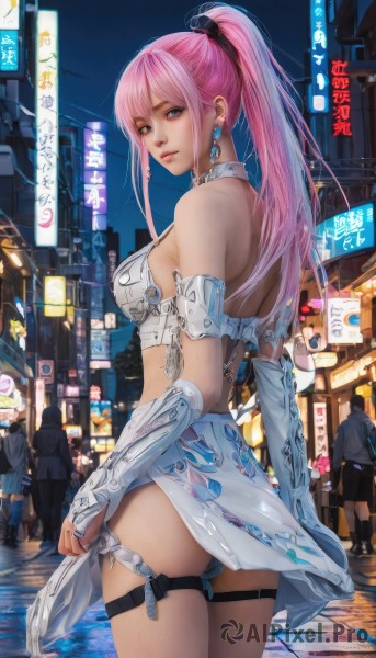 1girl,long hair,breasts,looking at viewer,bangs,blue eyes,skirt,gloves,bare shoulders,jewelry,medium breasts,closed mouth,underwear,standing,ponytail,pink hair,ass,cowboy shot,earrings,outdoors,multiple boys,solo focus,elbow gloves,looking back,fingerless gloves,from behind,lips,thigh strap,night,high ponytail,building,bridal gauntlets,armlet,city,solo,swimsuit,thighs,water,ring,street,neon lights