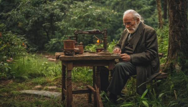 solo,shirt,long sleeves,1boy,sitting,closed mouth,jacket,flower,white hair,male focus,outdoors,necktie,shoes,day,pants,black footwear,blurry,tree,coat,facial hair,chair,black pants,table,grass,plant,nature,black necktie,beard,forest,mustache,old,old man,glasses,cup,book,depth of field,blurry background,scar,sunglasses,scenery,scar on face,lantern,mug,realistic,reading,smoking pipe,grey coat