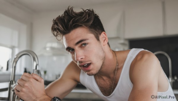 solo,looking at viewer,short hair,open mouth,blue eyes,brown hair,shirt,black hair,1boy,jewelry,white shirt,upper body,male focus,parted lips,teeth,sleeveless,indoors,necklace,blurry,sleeveless shirt,blurry background,facial hair,tank top,beard,meme,watch,realistic,stubble,white tank top,chest hair,arm hair,sink,faucet,brown eyes,wristwatch,undercut