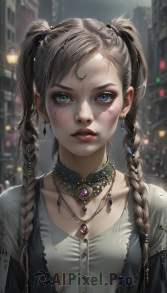 1girl,solo,long hair,breasts,looking at viewer,bangs,blue eyes,brown hair,shirt,hair ornament,twintails,jewelry,collarbone,white shirt,upper body,braid,earrings,small breasts,outdoors,parted lips,choker,artist name,necklace,mole,blurry,twin braids,lips,wet,eyelashes,makeup,depth of field,blurry background,gem,eyeshadow,freckles,rain,city,realistic,nose,red lips,mascara,mole on cheek,black hair,night,buttons,facial mark,lipstick,blouse,building,hair over shoulder,pendant,eyeliner,cityscape,bokeh,city lights