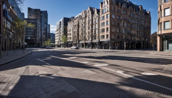 outdoors,sky,day,cloud,tree,blue sky,no humans,window,shadow,ground vehicle,building,scenery,motor vehicle,city,sign,car,road,cityscape,lamppost,street,skyscraper,road sign,traffic light,crosswalk,real world location,sidewalk,vanishing point