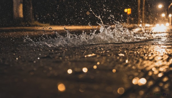 monochrome,outdoors,sky,water,blurry,tree,no humans,night,depth of field,star (sky),night sky,scenery,light particles,snow,lantern,snowing,splashing,bokeh,paper lantern,ground vehicle,starry sky,reflection,light,road,dark,winter,lamppost,bare tree,city lights,lights