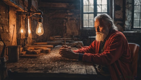 solo,gloves,long sleeves,1boy,holding,sitting,upper body,white hair,grey hair,male focus,indoors,blurry,coat,book,window,depth of field,facial hair,chair,table,beard,snow,desk,snowing,mustache,lamp,old,red coat,old man,wrinkled skin,shirt,closed mouth,jacket,from side,scar,scar on face,lantern,paper,realistic,light,candle,manly,quill,light bulb