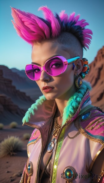 1girl,solo,looking at viewer,short hair,1boy,jewelry,jacket,upper body,pink hair,male focus,multicolored hair,earrings,outdoors,parted lips,open clothes,sky,day,dark skin,necklace,blurry,vest,two-tone hair,dark-skinned female,blue sky,lips,fur trim,makeup,blurry background,piercing,sunglasses,dark-skinned male,feathers,lipstick,ear piercing,zipper,pink lips,mountain,nose,feather hair ornament,undercut,tinted eyewear,very dark skin,mohawk,desert,dreadlocks,pink-tinted eyewear,purple-tinted eyewear,breasts,realistic