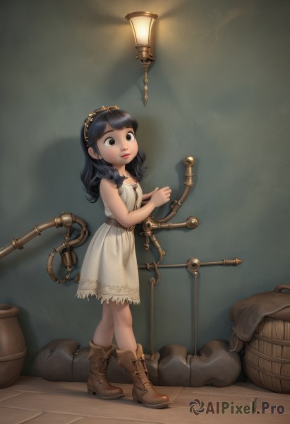 1girl,solo,long hair,black hair,dress,brown eyes,jewelry,standing,full body,hairband,boots,sleeveless,necklace,white dress,black eyes,lips,sleeveless dress,brown footwear,child,cross-laced footwear,female child,barrel,steampunk,parted lips,bag,lantern