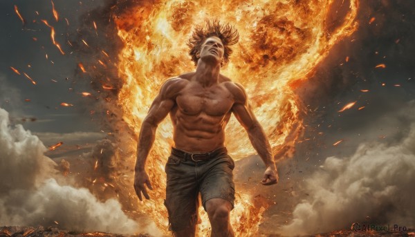 solo,short hair,blonde hair,1boy,navel,nipples,male focus,sky,shorts,teeth,belt,cloud,mask,muscular,black shorts,abs,fire,pectorals,muscular male,spiked hair,smoke,veins,topless male,explosion,burning,open mouth,brown hair,standing,pants,torn clothes,clenched hands,walking,embers,molten rock