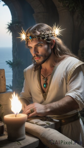 solo,long hair,brown hair,1boy,brown eyes,jewelry,closed mouth,upper body,male focus,outdoors,sky,day,belt,indoors,signature,water,necklace,blurry,cup,looking to the side,book,blurry background,facial hair,ocean,table,ring,crown,plant,gem,beard,robe,mug,open book,realistic,palm tree,chest hair,writing,arm hair,white robe,quill,blue eyes,shirt,holding,artist name,lips,fire,pendant,wedding ring,candle,tunic,candlelight