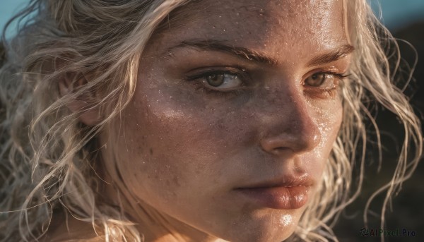 1girl,solo,long hair,looking at viewer,blonde hair,brown eyes,closed mouth,parted lips,blurry,lips,eyelashes,blurry background,portrait,close-up,freckles,realistic,nose