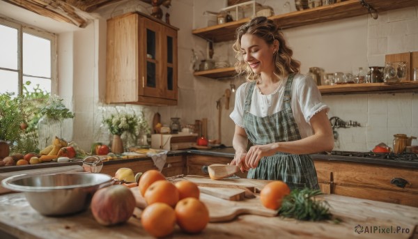 1girl,solo,long hair,smile,open mouth,brown hair,shirt,holding,jewelry,standing,closed eyes,white shirt,short sleeves,food,day,indoors,blurry,apron,plaid,window,fruit,depth of field,bottle,knife,plant,plate,realistic,apple,holding knife,potted plant,bread,cooking,ladle,orange (fruit),kitchen,jar,vegetable,sink,counter,faucet,cabinet,stove,potato,kitchen knife,cutting board,onion,earrings,medium hair,nail polish,cup,lips,bowl,carrot,refrigerator,orange slice