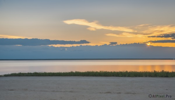 outdoors,sky,cloud,water,no humans,ocean,cloudy sky,grass,nature,scenery,reflection,sunset,mountain,horizon,road,landscape,orange sky,sun