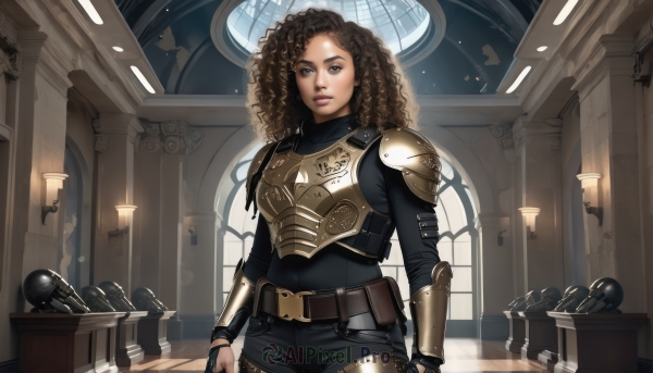 1girl,solo,long hair,looking at viewer,brown hair,brown eyes,standing,weapon,cowboy shot,parted lips,belt,pants,indoors,armor,lips,window,bodysuit,shoulder armor,curly hair,pauldrons,pouch,breastplate,realistic,nose,arms at sides,vambraces,shoulder pads,big hair,belt pouch,afro,boobplate,black hair,holding,solo focus,sword,black pants,helmet,buckle,headwear removed,backlighting,full armor,statue,helmet removed