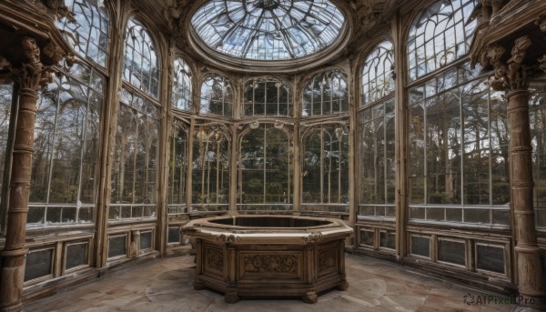 outdoors,sky,day,cloud,indoors,tree,blue sky,no humans,window,table,sunlight,scenery,stairs,railing,bench,architecture,tile floor,pillar,church,arch,column,snow,wooden floor,candle,bare tree,ceiling,candlestand,reflective floor,chandelier