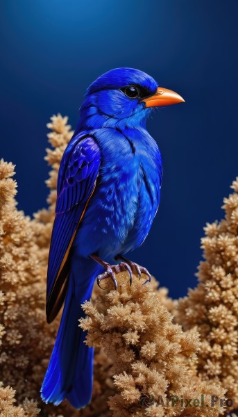 solo,looking at viewer,closed mouth,standing,full body,outdoors,blurry,black eyes,from side,tree,no humans,bird,animal,blue background,flying,realistic,animal focus,talons,beak,sky,artist name,night,moon,feathers,night sky,full moon,branch,animalization,sparrow