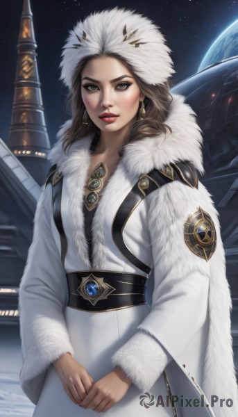 1girl,solo,long hair,looking at viewer,brown hair,long sleeves,hat,dress,brown eyes,jewelry,closed mouth,earrings,sky,hood,cape,white dress,lips,coat,fur trim,makeup,white headwear,own hands together,lipstick,gem,star (sky),cloak,snow,starry sky,science fiction,robe,nose,white coat,winter clothes,red lips,space,planet,fur hat,earth (planet),spacecraft,ushanka,blush,standing,belt,realistic,emblem,fur coat,insignia