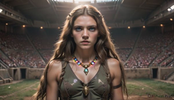 1girl,solo,long hair,breasts,looking at viewer,blush,blue eyes,blonde hair,brown hair,cleavage,bare shoulders,jewelry,medium breasts,closed mouth,collarbone,upper body,parted lips,sleeveless,solo focus,day,indoors,necklace,blurry,lips,wavy hair,grass,gem,armband,forehead,armlet,pendant,freckles,realistic,nose,dirty,crowd,stadium,dress,small breasts,blurry background,sunlight,messy hair,dirty face