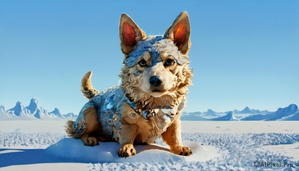 HQ,solo,looking at viewer,blue eyes,full body,outdoors,sky,day,blue sky,no humans,animal,scenery,snow,dog,mountain,animal focus,mountainous horizon,field