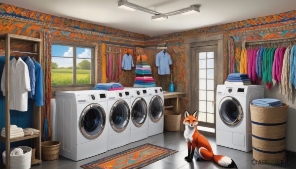 shirt,tail,sky,day,cloud,indoors,tree,blue sky,fox ears,no humans,window,fox tail,animal,leaf,towel,scenery,wooden floor,basket,autumn leaves,fox,clothes hanger,rug,laundry,clothes,washing machine,clothesline,white shirt,cloudy sky,t-shirt,sliding doors,floor,orange fur