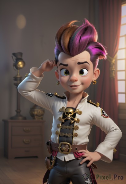 solo,looking at viewer,smile,short hair,brown hair,1boy,brown eyes,jewelry,standing,yellow eyes,weapon,pink hair,purple hair,male focus,multicolored hair,earrings,teeth,belt,pants,indoors,blurry,two-tone hair,hand on hip,window,blurry background,curtains,child,androgynous,male child,mohawk,1girl,open mouth,green eyes,jacket,artist name,watermark,freckles