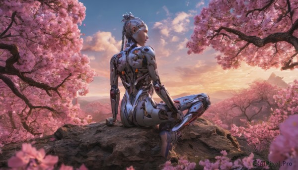 1girl, solo, blue eyes, sitting, ass, outdoors, sky, looking back, cloud, from behind, tree, lips, petals, bodysuit, cherry blossoms, scenery, sunset, mountain, cyborg, sunrise