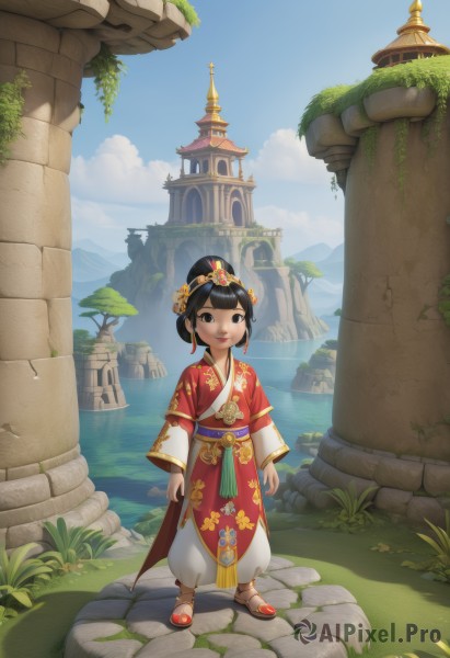 1girl,solo,looking at viewer,smile,short hair,open mouth,bangs,black hair,hair ornament,long sleeves,brown eyes,jewelry,standing,full body,:d,earrings,outdoors,sky,teeth,day,pants,cloud,blunt bangs,water,hair bun,black eyes,tree,blue sky,sash,chinese clothes,sandals,single hair bun,grass,plant,child,scenery,rock,mountain,female child,architecture,pillar,castle,moss,traditional clothes,flower,hair flower,wide sleeves,upper teeth only,robe,wide shot,cliff