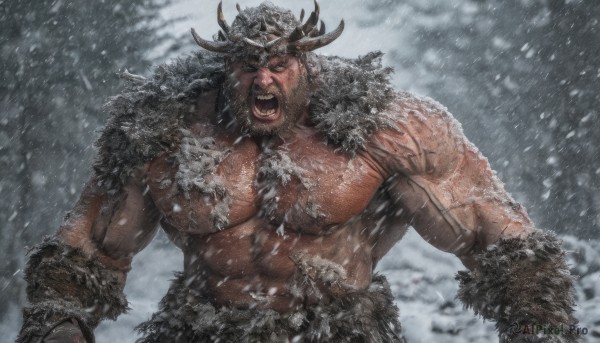 solo,short hair,open mouth,1boy,navel,nipples,upper body,male focus,outdoors,horns,teeth,fur trim,tattoo,muscular,facial hair,fangs,scar,abs,pectorals,muscular male,christmas,bara,beard,scar on face,snow,large pectorals,veins,topless male,snowing,mature male,antlers,bare pectorals,chest hair,biceps,reindeer antlers,hairy,tusks,looking at viewer,animal ears,dark skin,stomach,blood,dark-skinned male,thick eyebrows,angry,scar across eye,fake horns,manly,shouting,scar on chest,arm hair