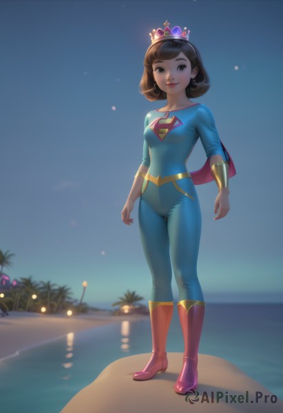 1girl,solo,breasts,looking at viewer,smile,short hair,bangs,brown hair,brown eyes,jewelry,medium breasts,standing,full body,earrings,small breasts,boots,outdoors,parted lips,sky,artist name,water,cape,blurry,tree,lips,bodysuit,night,blurry background,ocean,beach,knee boots,tiara,crown,red footwear,star (sky),night sky,skin tight,backlighting,sand,palm tree,arms at sides,bracer,superhero,blue bodysuit,long sleeves,closed mouth,black eyes,blue sky,reflection,pink footwear